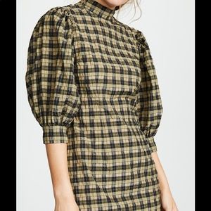 Ganni seersucker puff sleeve check dress sz 36